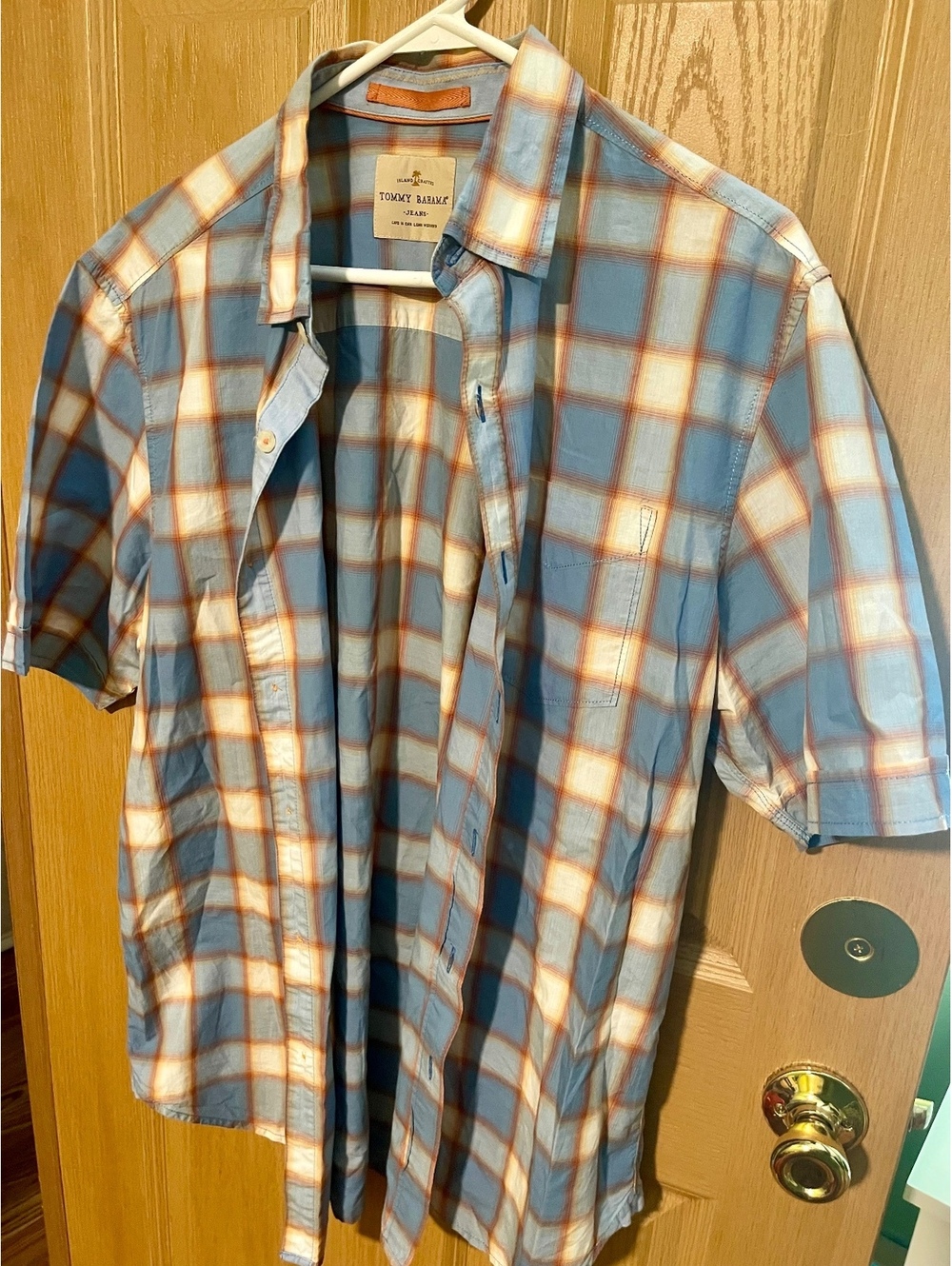 Tommy Bahama Relax Plaid Short Sleeve Button Front Shirt Blue Orange L